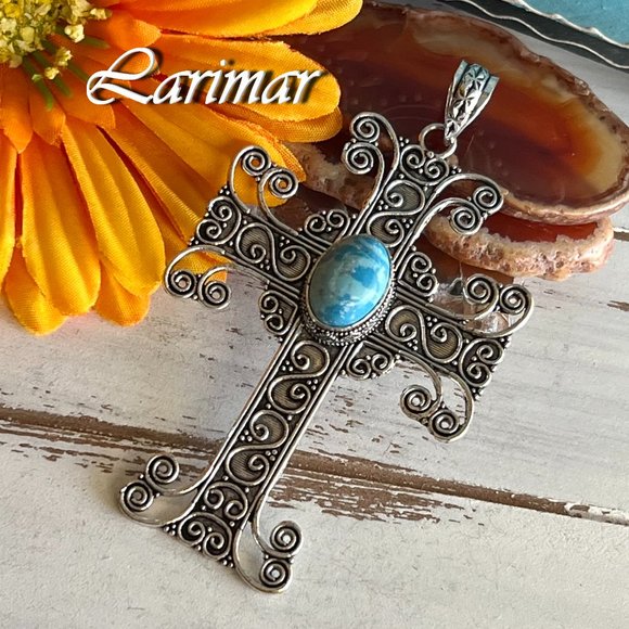 Larimar Cross Pendant Handmade Gemstone Crystal Silver Overlay Bohemian Large - Picture 1 of 8